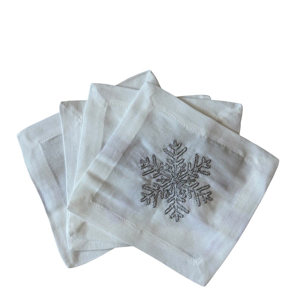 Mode Living 4pk Embroidered Silver Snowflake Linen Cocktail Napkins 5.5in NEW